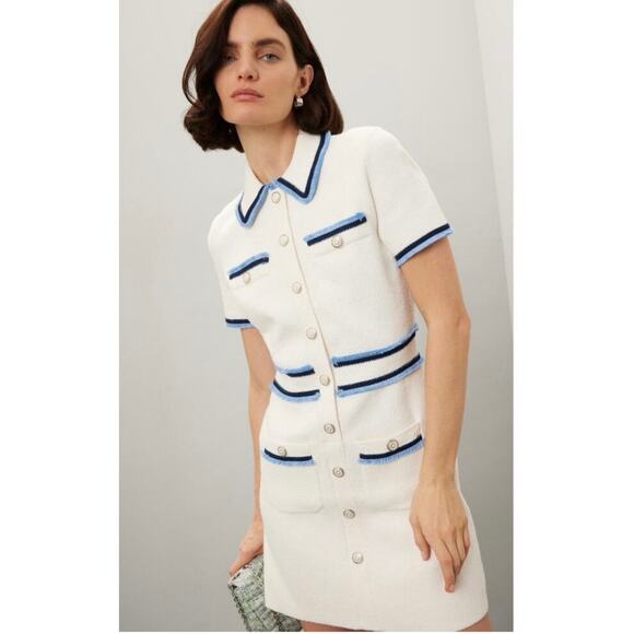 MAJE White Blue Tweed Gold Button Details Collared Risal Mini Dress Size 34 - Picture 1 of 15